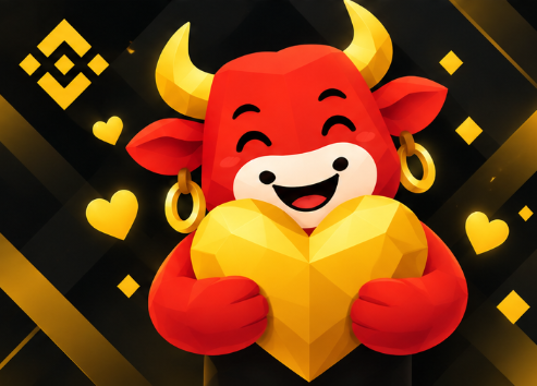 Smiling bull hugging a large gold heart