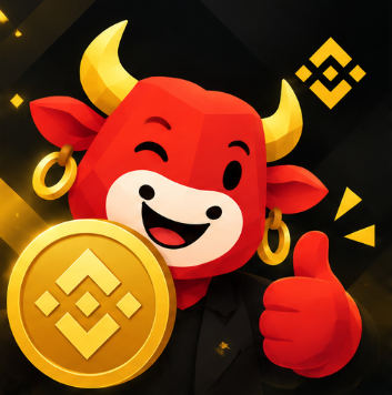 Winking bull holding a Binance coin and giving a thumbs up
