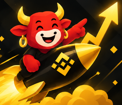 Laughing bull riding a Binance rocket toward a gold arrow
