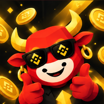 Bull in Binance sunglasses giving two thumbs up among gold coins